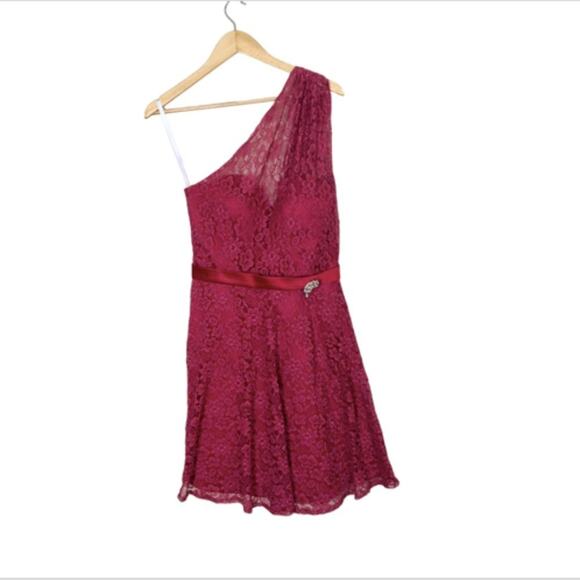 Christina Wu One Shoulder Lace Mini Formal Burgundy Bridesmaid Dress Size 6 - Picture 1 of 12
